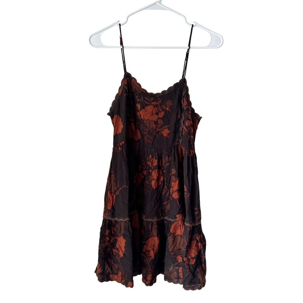 Urban Outfitters Brown Floral Tiered Mini Babydoll Dress XS Scalloped Embroidery